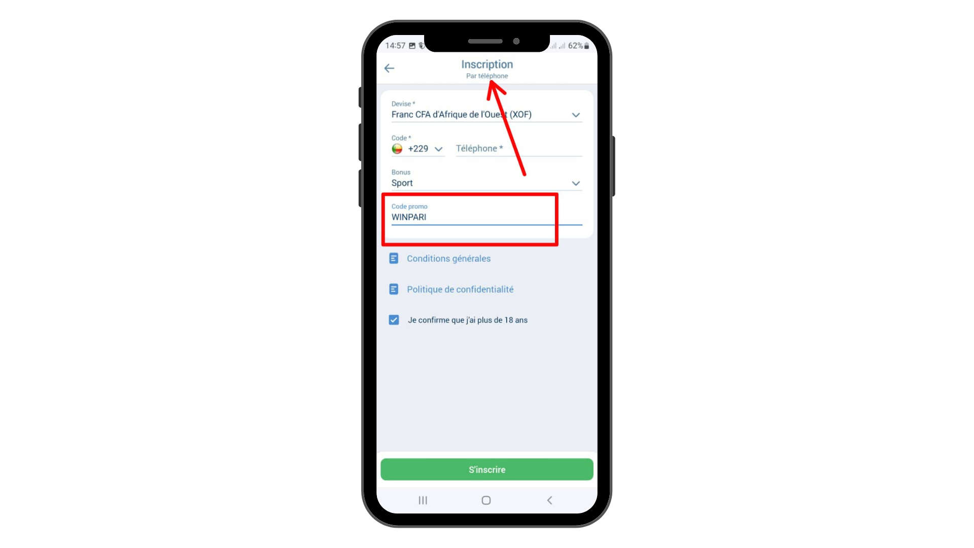 L'inscription par téléphone sur 1xbet