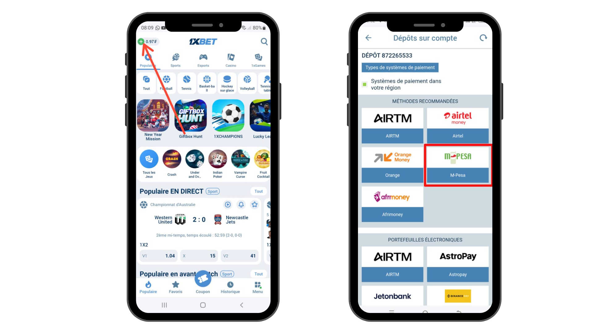 faire un dépôt sur 1xbet avec M-Pesa