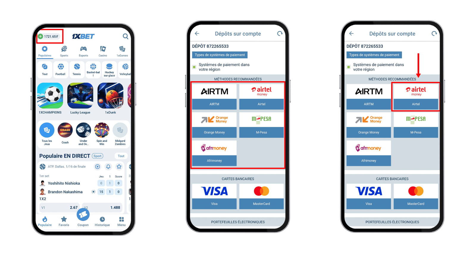 recharger 1xbet avec Airtel Money