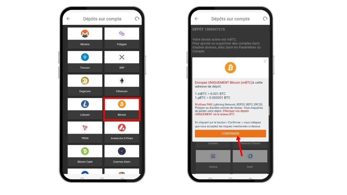 faire un dépôt sur 1xBit avec Bitcoin
